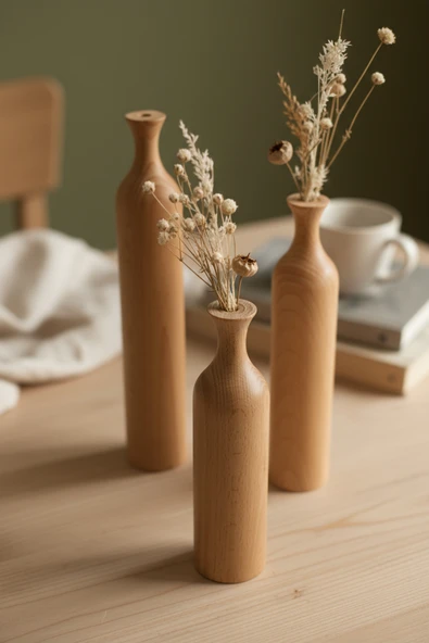 Ahşap Dekoratif Vazo 3'lü Ovida - Resim 2