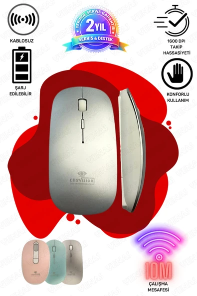 Venas Tablet Telefon Laptop Windows Uyumlu Kablosuz Şarjlı Mouse Gri ürün görseli