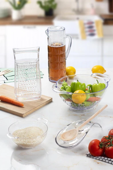 Akrilik Şeffaf 5 Parça Sürahi & Rende & Süzgeç & Mini Süzgeç & Kaşıklık & Mutfak Çeyiz Seti - Resim 2