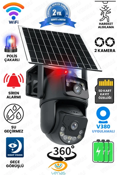 Venas Çift Kameralı Güneş Enerjili 360° WiFi Güvenlik Kamerası – Solar Panel Dahil ürün görseli