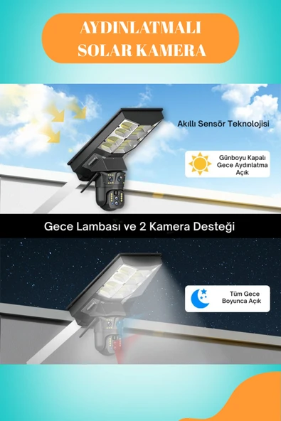 Venas 4G Sim kartlı 20 Watt Solar panelli Sokak aydınlatmalı Çift Kameralı Çakarlı Güvenlik Kamerası - Resim 4