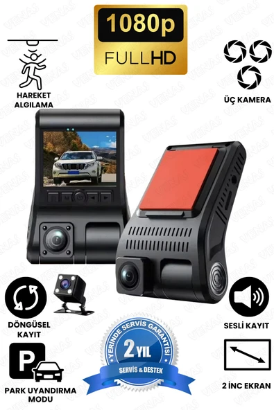 LinaS 1080P Full HD 3 Kameralı Hafıza kartına kayıtlı Hareket Algılamalı Araç kamerası ürün görseli