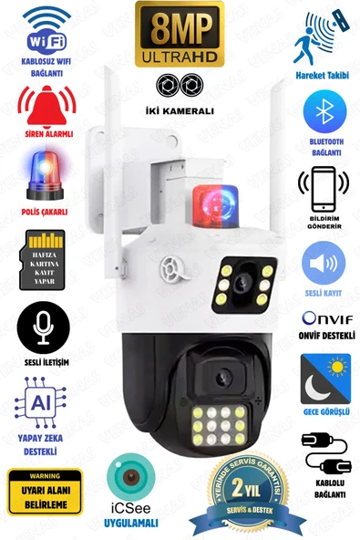 Venas 8 Megapixel Ulta HD Kablosuz Wifi ip Çift kameralı Dış Mekan Alarmlı İkaz lambalı Güvenlik Kamerası ürün görseli 1