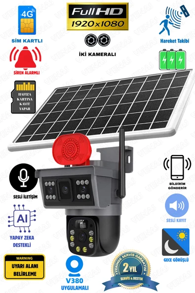 Venas 4G Sim Kartlı Solar güneş Enerjili Full HD Çift Kameralı Extra ledli Akıllı Smart Güvenlik Kamerası ürün görseli