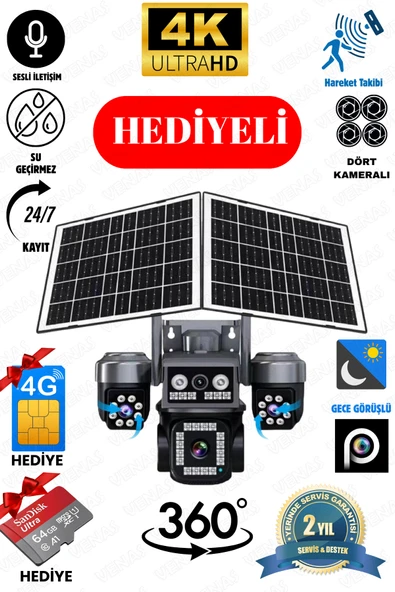 Venas 4G Solar 4 Lens Güvenlik Kamerası 12MP – Renkli Gece Görüş, IP66, Hediyeli SD Kart ve SIM Kart ürün görseli