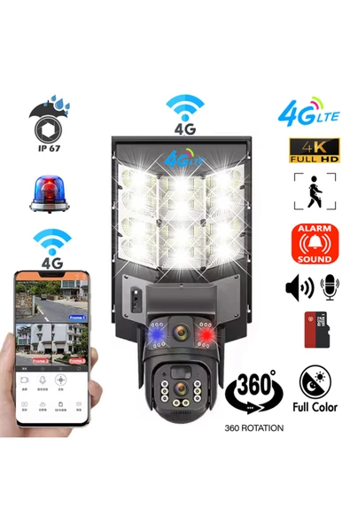 Venas 4G Sim kartlı 20 Watt Solar panelli Sokak aydınlatmalı Çift Kameralı Çakarlı Güvenlik Kamerası - Resim 5
