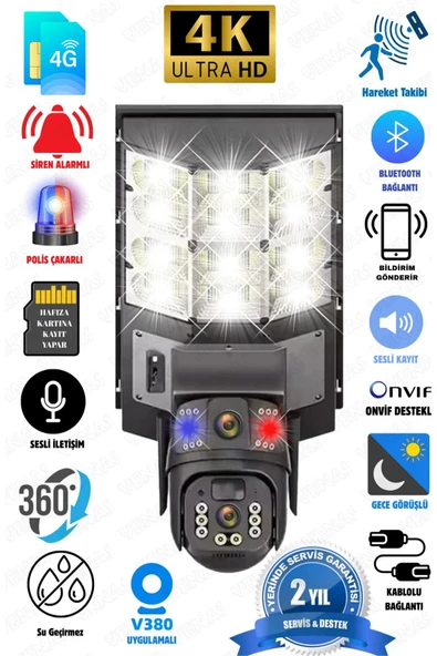 Venas 4G Sim kartlı 20 Watt Solar panelli Sokak aydınlatmalı Çift Kameralı Çakarlı Güvenlik Kamerası ürün görseli