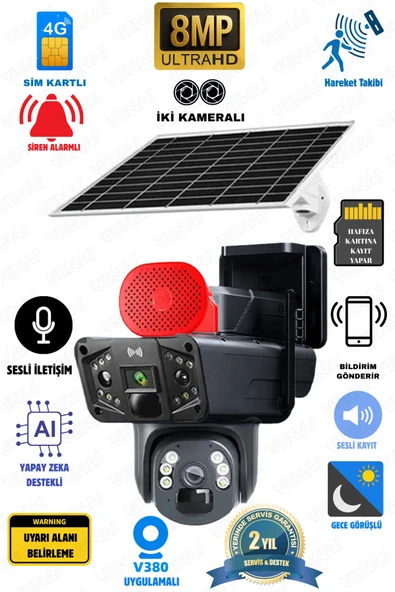 Venas 6 Mp Çift Kameralı Ve Sensörlü Güneş Panelli Sim Kart İle Çalışan Kablosuz İp Wifi Güvenlik Kamerası ürün görseli