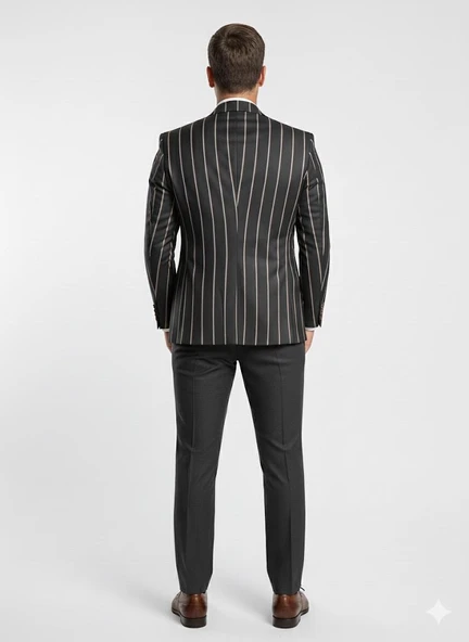 Erkek Çizgili Takım Elbise 3’lü Set – Ceket + Yelek + Pantolon – Slim Fit İtalyan Tarz - Resim 2