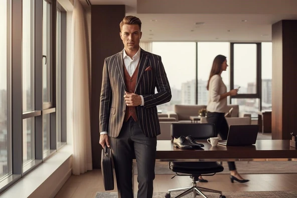 Erkek Çizgili Takım Elbise 3’lü Set – Ceket + Yelek + Pantolon – Slim Fit İtalyan Tarz - Resim 11