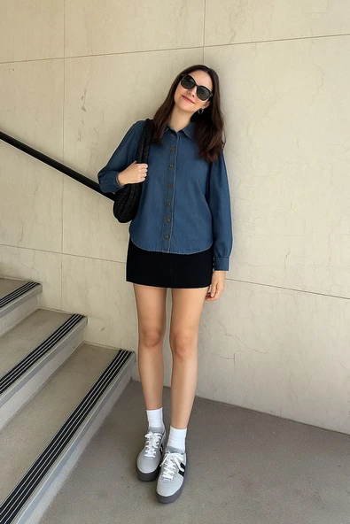 Kadın Uzun Balon Kollu %100 Pamuk Mavi Jean Gömlek ürün görseli 1