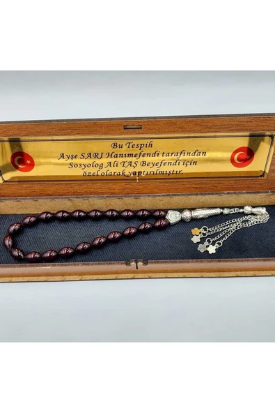 Bilek Boy Siyah Mavi Alpaka Püskül  Ateş Kehribar Tespih (AHŞAP KUTULU) - Resim 2