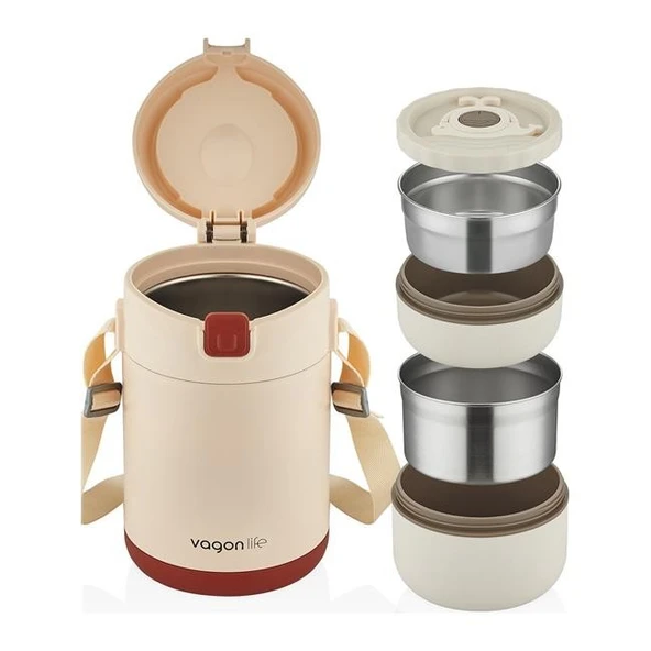 Vagonlife Bento 1800ml 2 Kaseli 4-6 Saat Termos Özellikli Çelik Yemek Kutusu - Bej - Resim 2