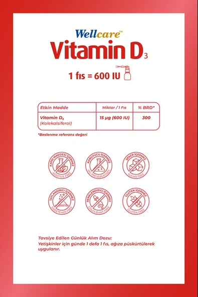 Wellcare Vitamin D3 Sprey 600 IU 30 ml - Resim 2