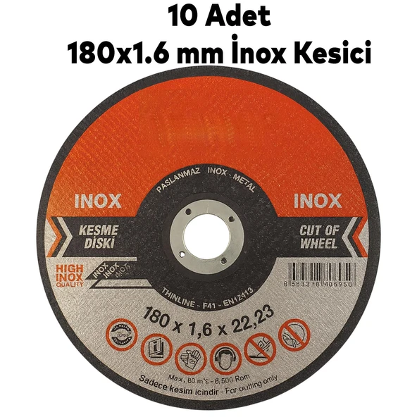 10 Adet İnox Kesici 180x1,6 mm Paslanmaz Çelik Metal Kesme Diski Profesyonel Yüksek Performanslı ürün görseli 1