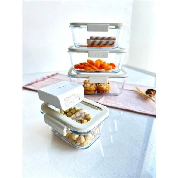 Neoflam Fika Glace Vakumlu Cam Saklama Kabı Seti Bej 5 Parça - Resim 3