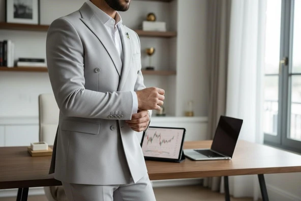 Gri Kruvaze İtalyan Kesim Erkek Takım Elbise – Slim Fit Modern Mikro Desen Kumaş - Resim 8