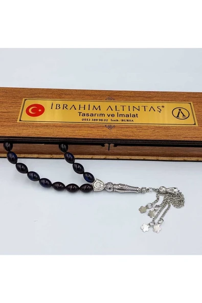 Bilek Boy Siyah Mavi Alpaka Püskül  Ateş Kehribar Tespih (AHŞAP KUTULU) - Resim 5