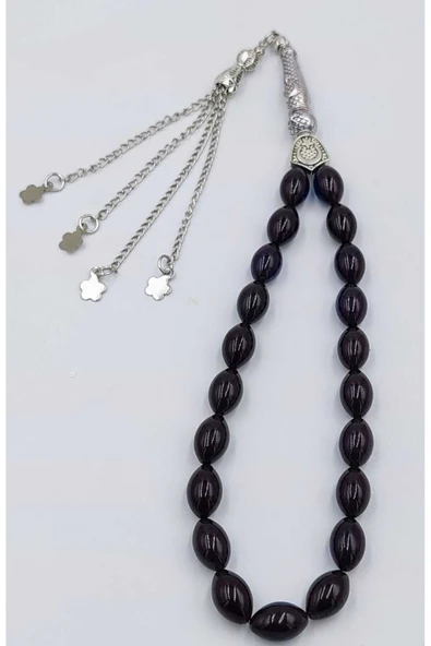 Bilek Boy Siyah Mavi Alpaka Püskül  Ateş Kehribar Tespih (AHŞAP KUTULU) - Resim 4