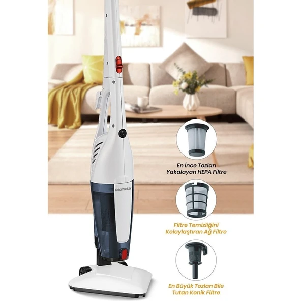 Goldmaster GM-7545 Joker Beyaz Dik Elektrikli Süpürge – 3 Fonksiyon, 1 L Toz Haznesi, Torbasız ve Güçlü Emiş - Resim 6