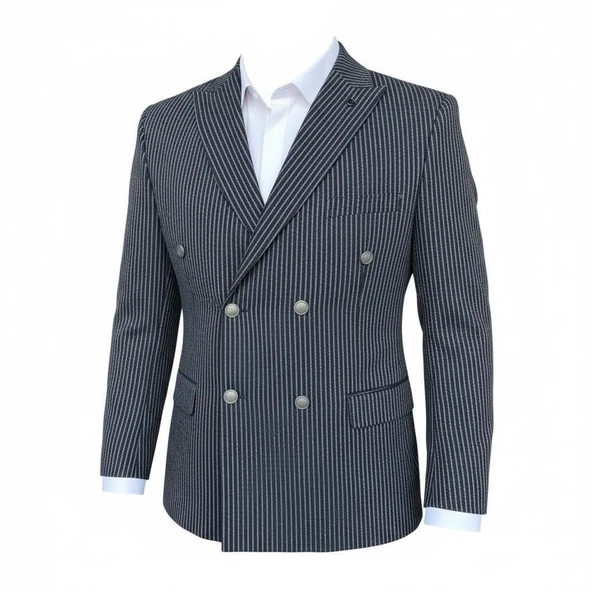 İtalyan Kesim Lacivert Kruvaze Takım Elbise – Modern Slim Fit – Çizgili Kumaş Detaylı - Resim 6