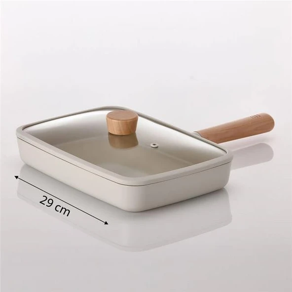 Neoflam Fika Alüminyum Döküm Dörtgen Tava 29CM Cam Kapaklı Bej - Resim 4