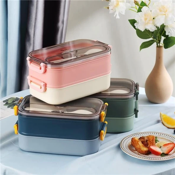 Vagonlife Bento 1500ml 2 Katlı 3 Bölmeli Paslanmaz Çelik Yemek Kutusu Pembe - Resim 3