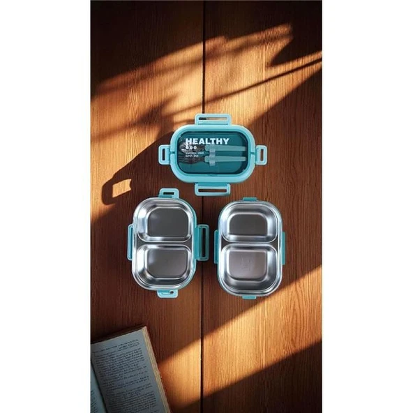 Akayev 1650ml İki Katlı 4 Bölmeli Çelik Yemek Kabı Yeşil - Resim 2