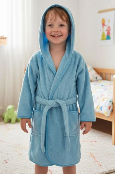 Tavşan Kulaklı Kız Erkek Çocuk Bornozu Lupi Mavi - Resim 6