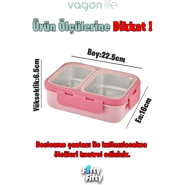 Vagonlife Bento 700ml Tek Katlı 2 Bölmeli Chopstick ve Kaşıklı Çelik Yemek Kutusu Pembe - Resim 2