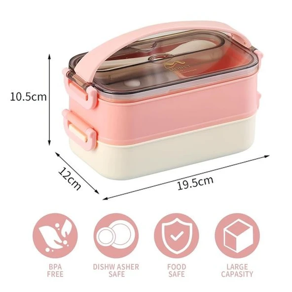 Vagonlife Bento 1500ml 2 Katlı 3 Bölmeli Paslanmaz Çelik Yemek Kutusu Pembe - Resim 2