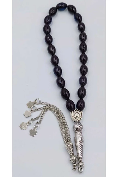 Bilek Boy Siyah Mavi Alpaka Püskül  Ateş Kehribar Tespih (AHŞAP KUTULU) ürün görseli 1