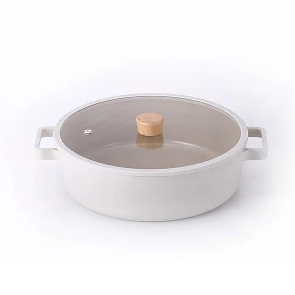 Neoflam Fika Cam Kapaklı Alüminyum Sığ Tencere 30CM Bej ürün görseli