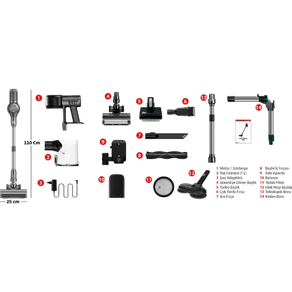 Fabcio Forza Hepa Filtreli Kablosuz Dikey Süpürge (Islak Mop ve Turbo Başlığı Hediyeli) - Resim 9