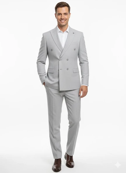 Gri Kruvaze İtalyan Kesim Erkek Takım Elbise – Slim Fit Modern Mikro Desen Kumaş - Resim 4