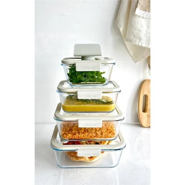 Neoflam Fika Glace Vakumlu Cam Saklama Kabı Seti Bej 5 Parça ürün görseli