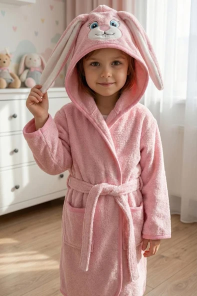 Tavşan Kulaklı Kız Erkek Çocuk Bornozu Lupi Pembe ürün görseli 1