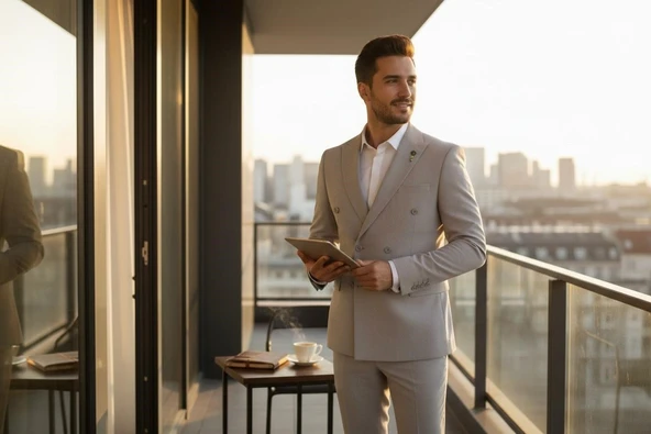 Gri Kruvaze İtalyan Kesim Erkek Takım Elbise – Slim Fit Modern Mikro Desen Kumaş - Resim 7