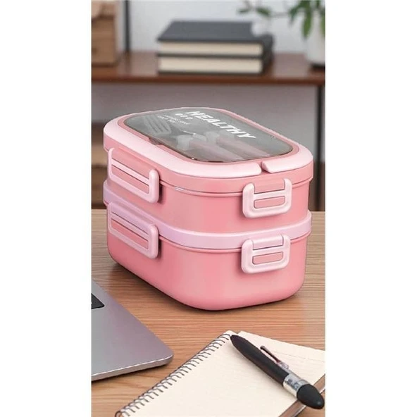 Akayev 1650ml İki Katlı 4 Bölmeli Çelik Yemek Kabı Pembe ürün görseli