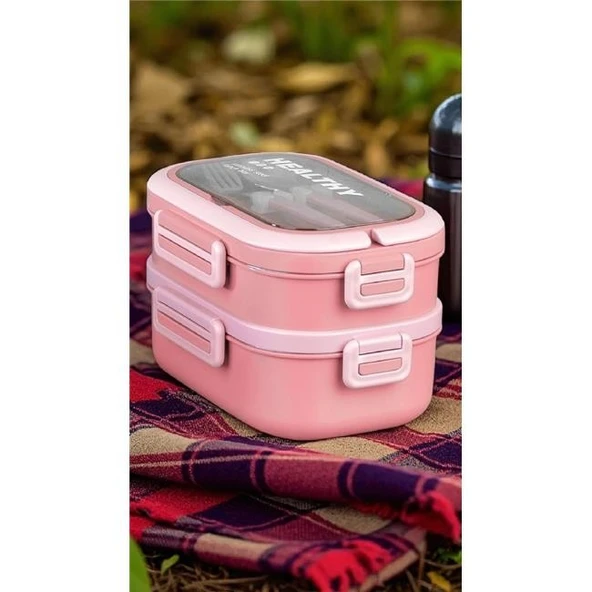 Akayev 1650ml İki Katlı 4 Bölmeli Çelik Yemek Kabı Pembe - Resim 2