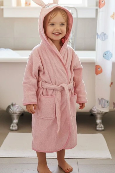 Tavşan Kulaklı Kız Erkek Çocuk Bornozu Lupi Pembe - Resim 5