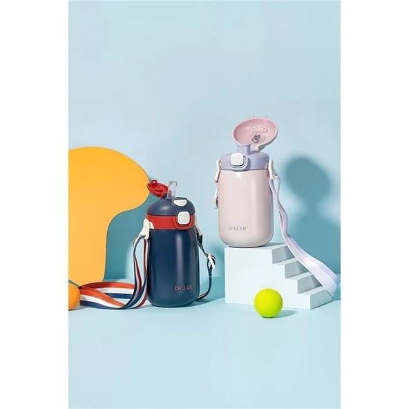 Diller 420ml Pipetli Askılı Çelik Lacivert Çocuk Termos Matara 6 Saat Sıcak/soğuk Tutma Süresi - Resim 2