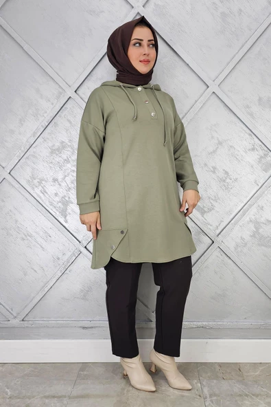 KADIN ÇIT ÇITLI KAPÜŞONLU TESETTÜR TUNİK - Resim 3