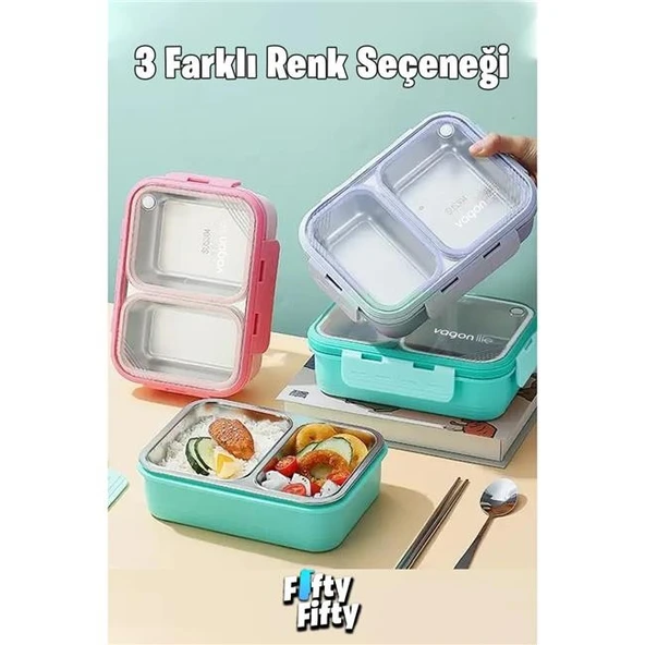 Vagonlife Bento 700ml Tek Katlı 2 Bölmeli Chopstick ve Kaşıklı Çelik Yemek Kutusu Pembe - Resim 4