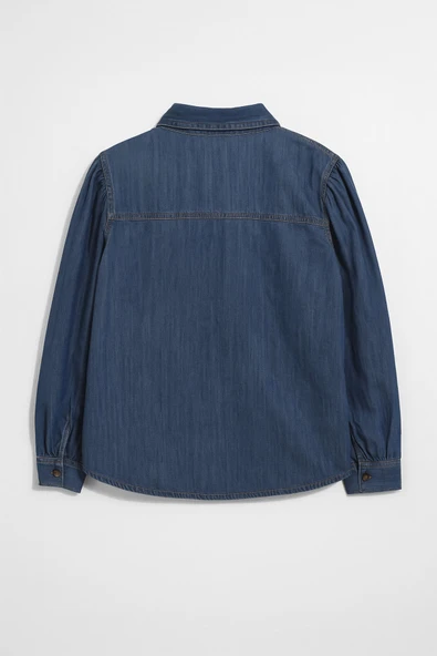 Kadın Uzun Balon Kollu %100 Pamuk Mavi Jean Gömlek - Resim 3