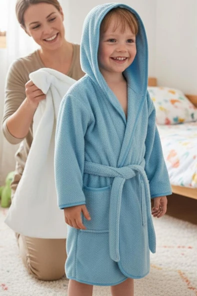 Tavşan Kulaklı Kız Erkek Çocuk Bornozu Lupi Mavi - Resim 5