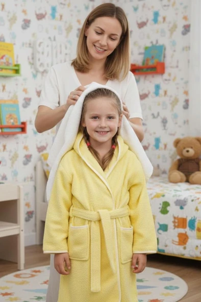 Tavşan Kulaklı Kız Erkek Çocuk Bornozu Lupi Sarı - Resim 4