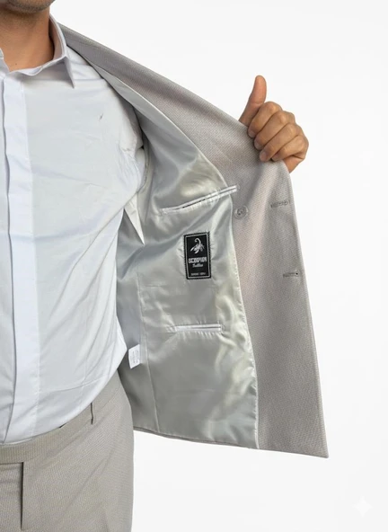 Gri Kruvaze İtalyan Kesim Erkek Takım Elbise – Slim Fit Modern Mikro Desen Kumaş - Resim 6