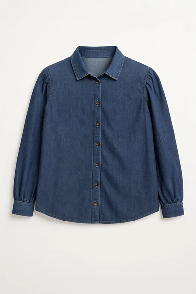 Kadın Uzun Balon Kollu %100 Pamuk Mavi Jean Gömlek - Resim 2