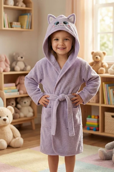 Tavşan Kulaklı Kız Erkek Çocuk Bornozu Lupi Lila ürün görseli 1